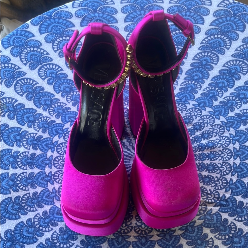 Versace Pink Satin Platform Pumps with crystal-embellished ankle straps size36